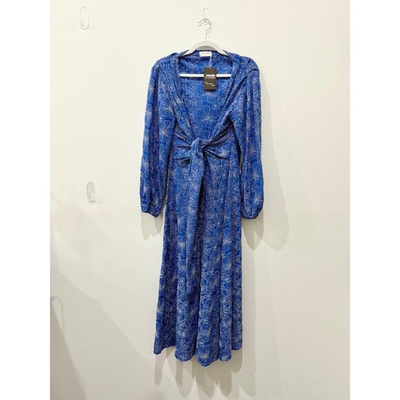 Hipnos Embroidered Floral Long Sleeve Maxi Wrap Dress Blue/White Women's Size M - Picture 1 of 3